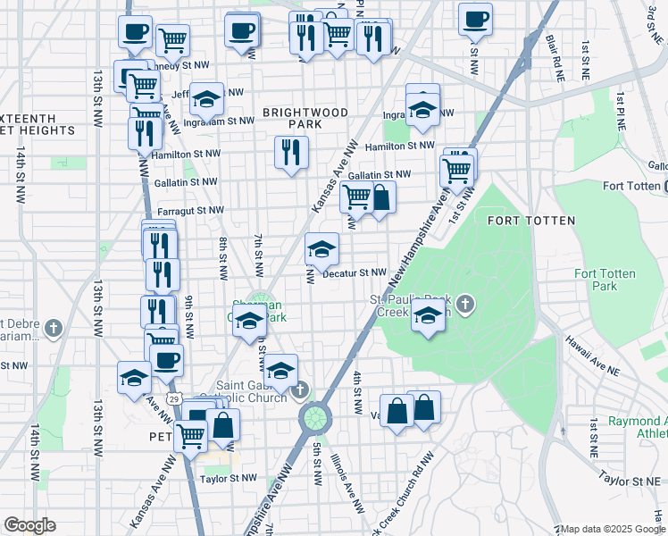 map of restaurants, bars, coffee shops, grocery stores, and more near 421 Decatur Street Northwest in Washington