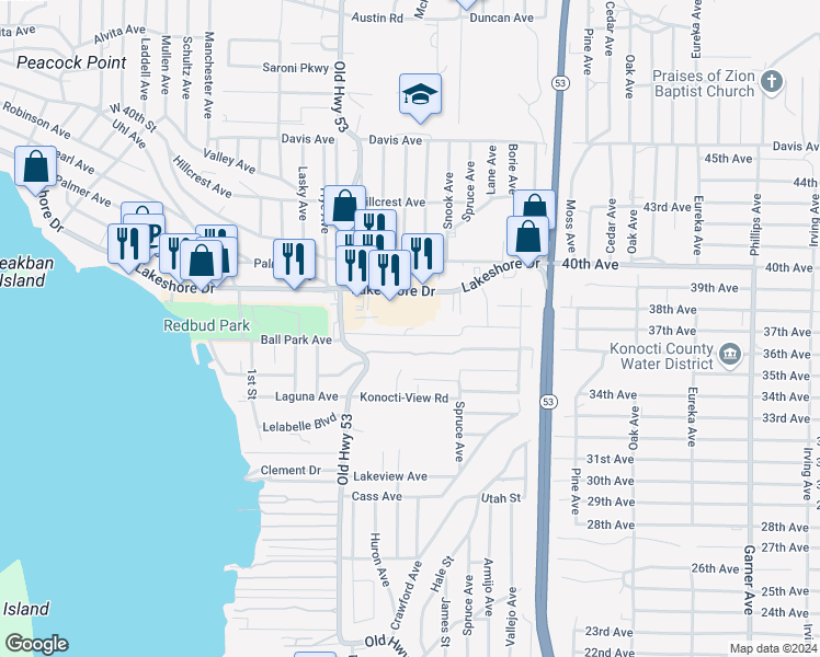 map of restaurants, bars, coffee shops, grocery stores, and more near 4788 Yarrington Court in Clearlake