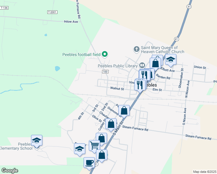 map of restaurants, bars, coffee shops, grocery stores, and more near 152 Walnut Street in Peebles