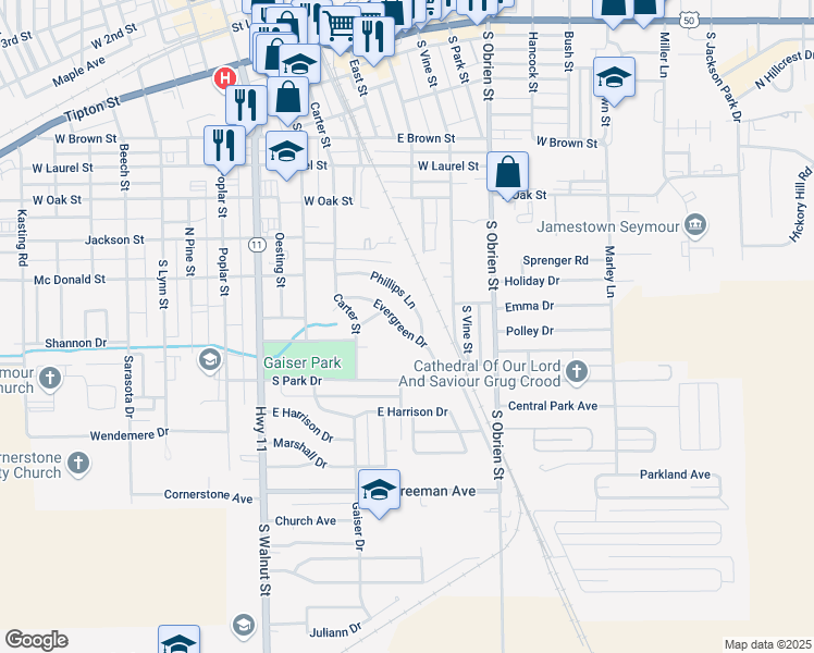 map of restaurants, bars, coffee shops, grocery stores, and more near 834 Phillips Lane in Seymour