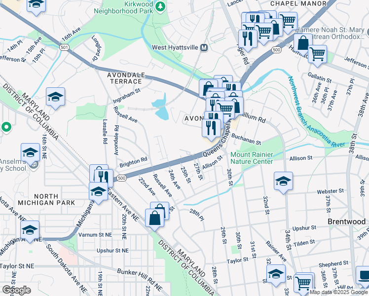 map of restaurants, bars, coffee shops, grocery stores, and more near 2500 Queens Chapel Road in Hyattsville