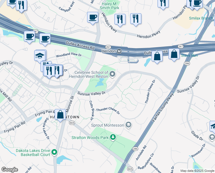 map of restaurants, bars, coffee shops, grocery stores, and more near 12748 Verdant Way in Reston