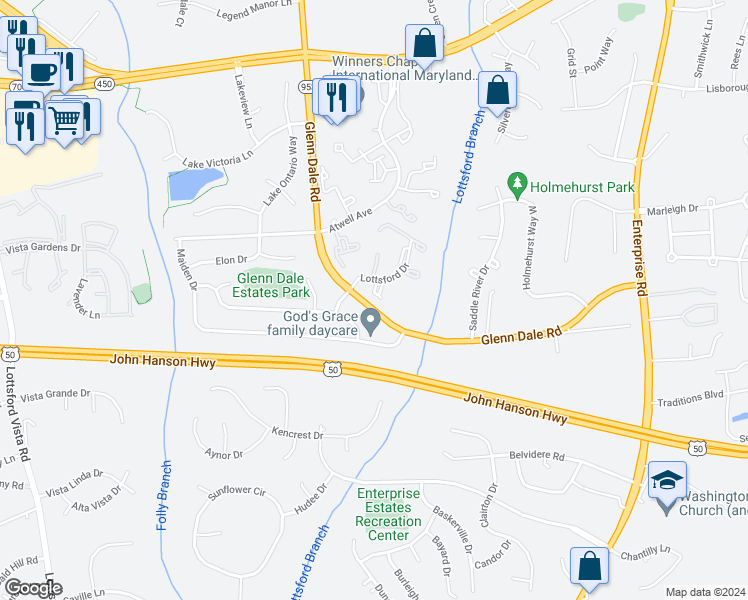 map of restaurants, bars, coffee shops, grocery stores, and more near 4206 Bar Harbor Place in Bowie
