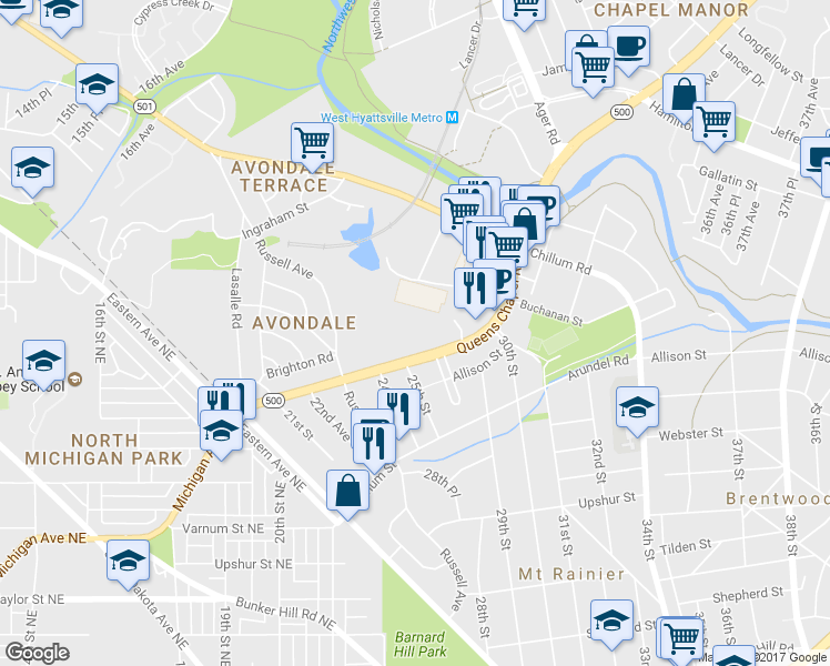 map of restaurants, bars, coffee shops, grocery stores, and more near 2500 Queens Chapel Road in Hyattsville