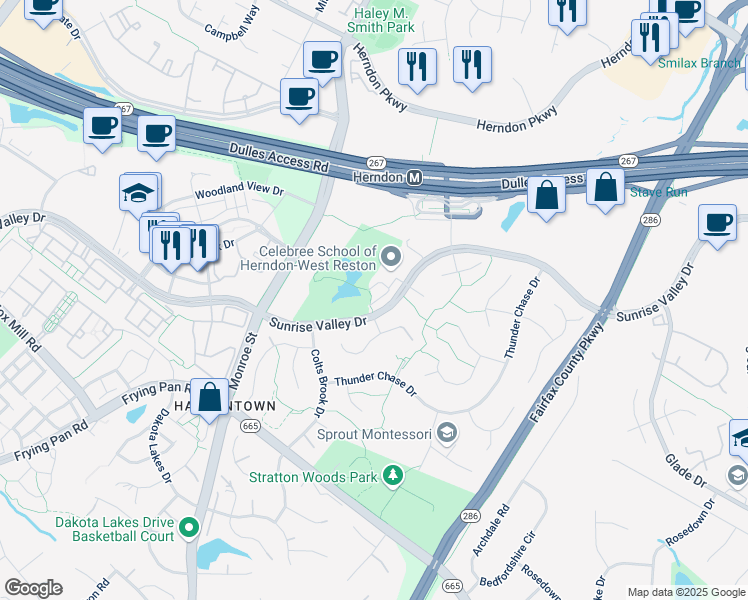 map of restaurants, bars, coffee shops, grocery stores, and more near 12748 Verdant Way in Reston