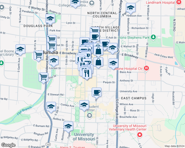 map of restaurants, bars, coffee shops, grocery stores, and more near 260 South 10th Street in Columbia