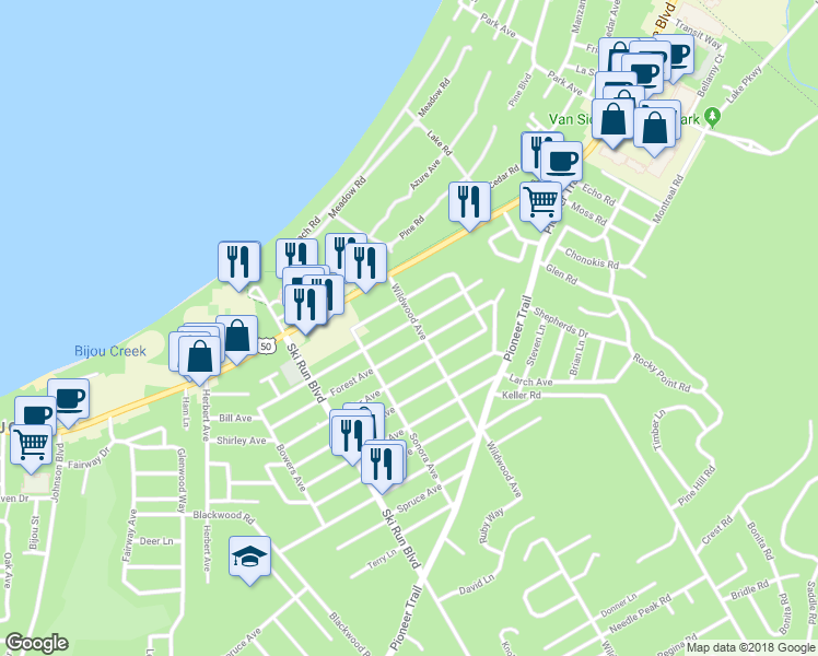 map of restaurants, bars, coffee shops, grocery stores, and more near 3748 Paradise Avenue in South Lake Tahoe