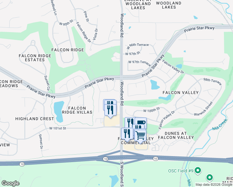map of restaurants, bars, coffee shops, grocery stores, and more near 19904 West 99th Court in Lenexa