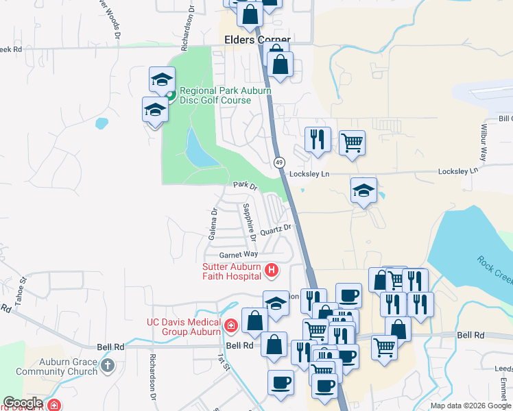 map of restaurants, bars, coffee shops, grocery stores, and more near 11711 Quartz Drive in Auburn