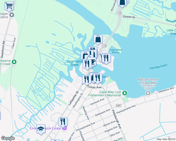 map of restaurants, bars, coffee shops, grocery stores, and more near 880 1st Avenue in Cape May