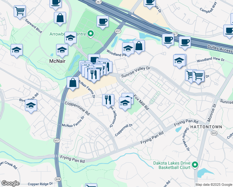 map of restaurants, bars, coffee shops, grocery stores, and more near 2448 Rolling Plains Drive in Herndon