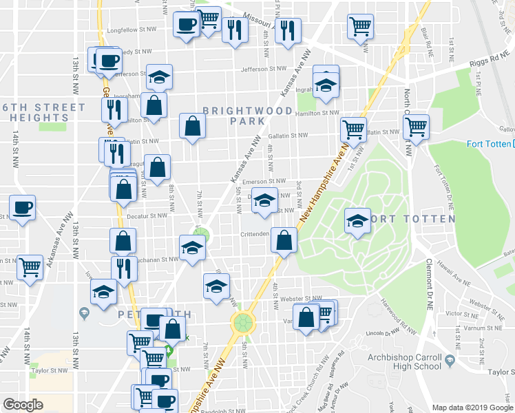 map of restaurants, bars, coffee shops, grocery stores, and more near 421 Decatur Street Northwest in Washington