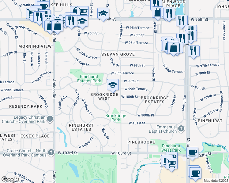 map of restaurants, bars, coffee shops, grocery stores, and more near 9920 Lowell Avenue in Overland Park