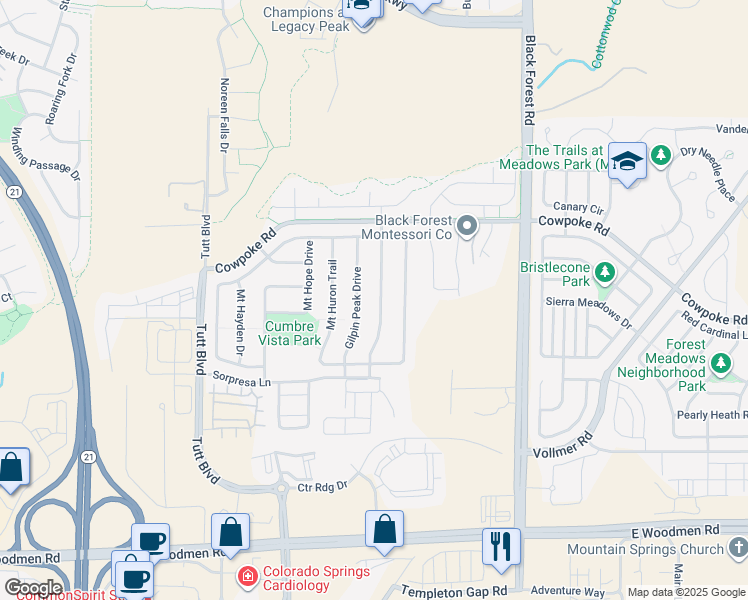 map of restaurants, bars, coffee shops, grocery stores, and more near 8104 De Anza Peak Trail in Colorado Springs