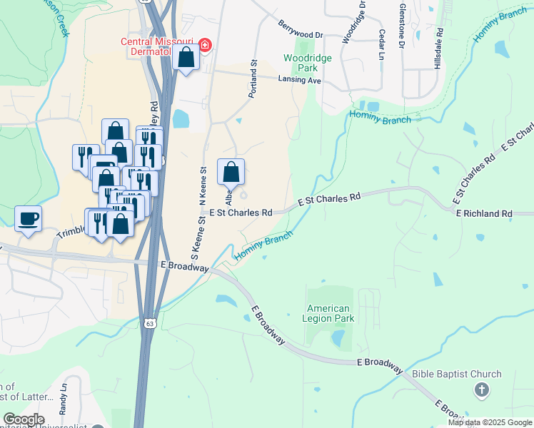 map of restaurants, bars, coffee shops, grocery stores, and more near 3379 St Charles Rd in Columbia