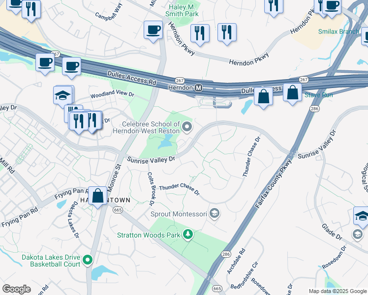 map of restaurants, bars, coffee shops, grocery stores, and more near 12760 Sunrise Valley Drive in Reston