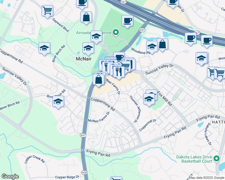 map of restaurants, bars, coffee shops, grocery stores, and more near 2482 Angeline Drive in Herndon