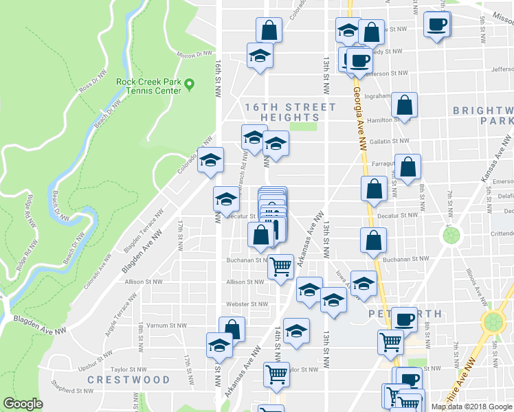 map of restaurants, bars, coffee shops, grocery stores, and more near 1410 Delafield Place Northwest in Washington