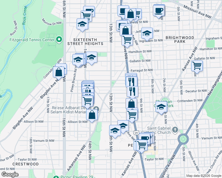 map of restaurants, bars, coffee shops, grocery stores, and more near 13th St NW & Arkansas Ave NW in Washington