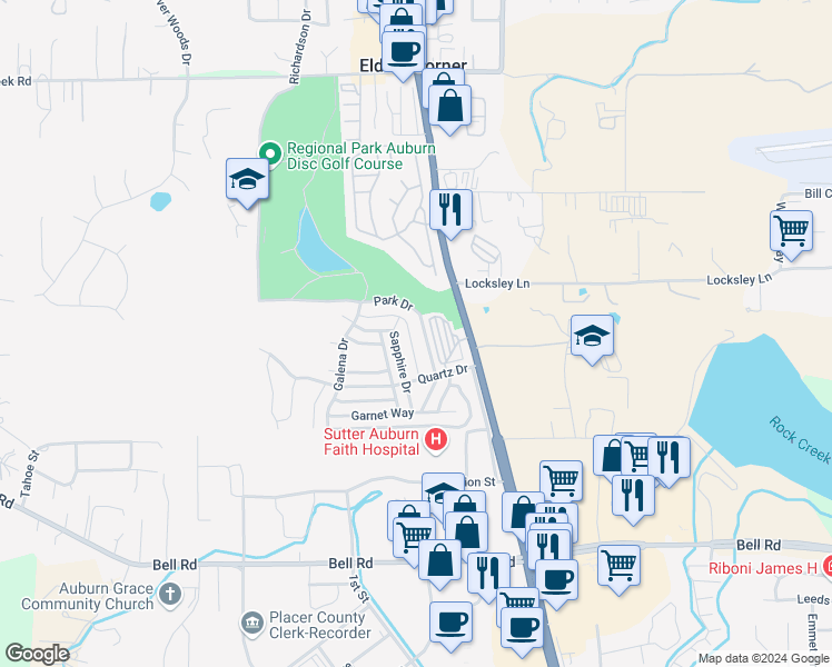 map of restaurants, bars, coffee shops, grocery stores, and more near 3683 Park Drive in Auburn