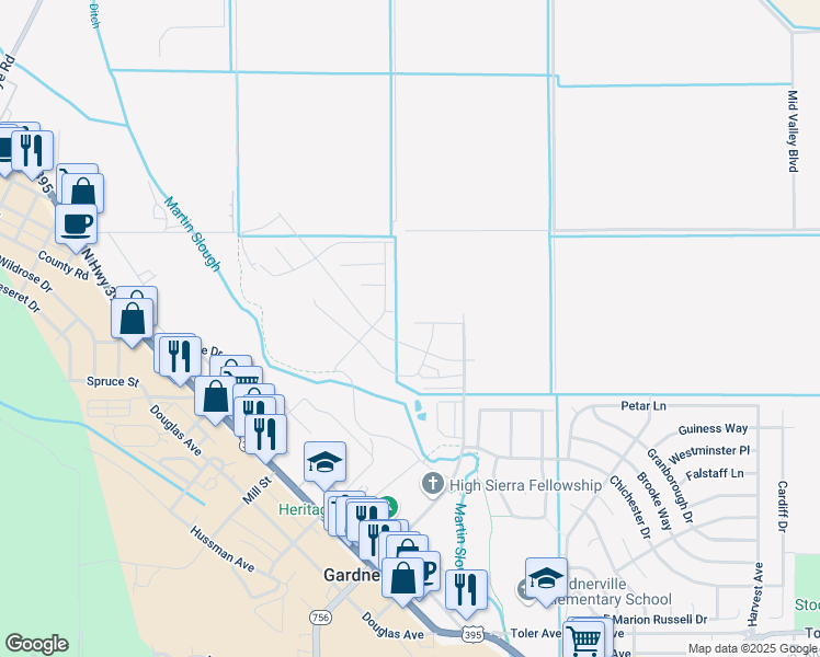 map of restaurants, bars, coffee shops, grocery stores, and more near 1243 Ox Yoke Court in Gardnerville