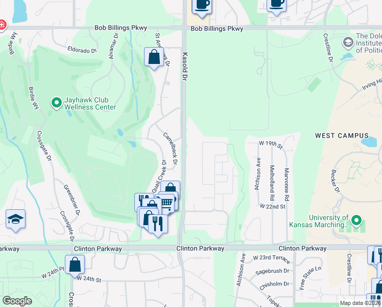 map of restaurants, bars, coffee shops, grocery stores, and more near 2014 Kasold Drive in Lawrence