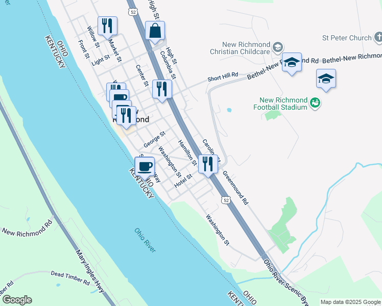 map of restaurants, bars, coffee shops, grocery stores, and more near 350 Hamilton Street in New Richmond