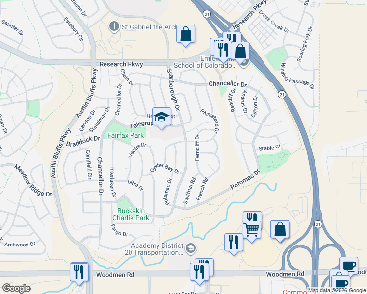 map of restaurants, bars, coffee shops, grocery stores, and more near 8090 Scarborough Drive in Colorado Springs