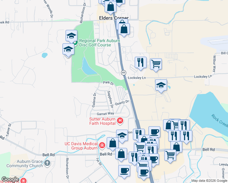 map of restaurants, bars, coffee shops, grocery stores, and more near 11711 Quartz Drive in Auburn