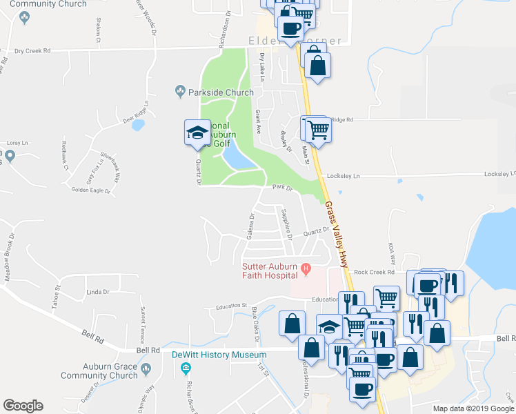 map of restaurants, bars, coffee shops, grocery stores, and more near 3711 Galena Drive in Auburn