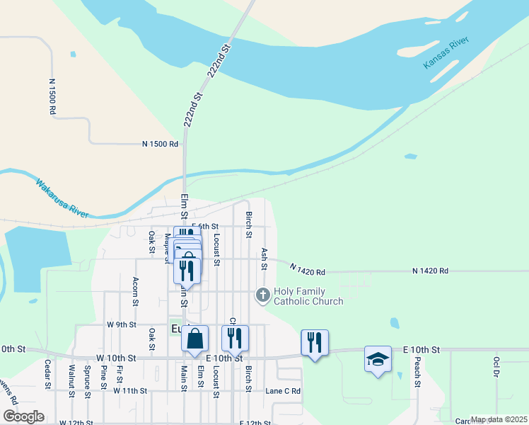 map of restaurants, bars, coffee shops, grocery stores, and more near 507 Ash Street in Eudora