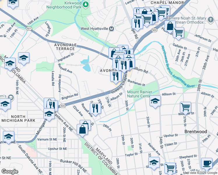 map of restaurants, bars, coffee shops, grocery stores, and more near 2600 Queens Chapel Road in Hyattsville