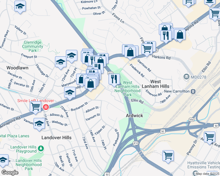 map of restaurants, bars, coffee shops, grocery stores, and more near 7150 Chesapeake Road in Hyattsville