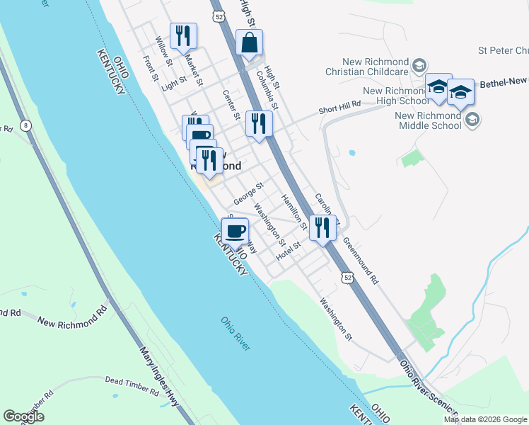 map of restaurants, bars, coffee shops, grocery stores, and more near 209 Plenty Street in New Richmond