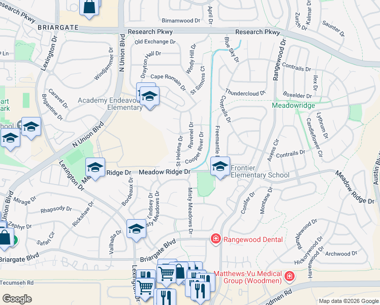map of restaurants, bars, coffee shops, grocery stores, and more near 8167 Ravenel Drive in Colorado Springs