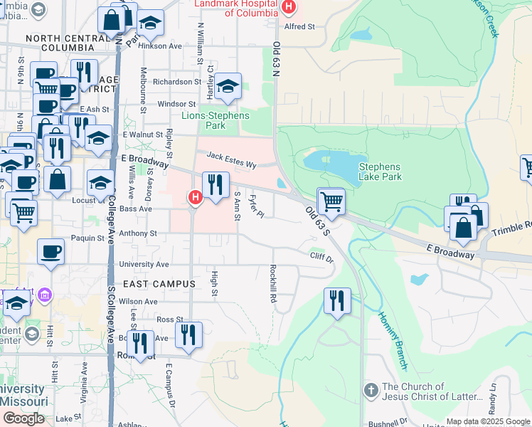 map of restaurants, bars, coffee shops, grocery stores, and more near 108 Fyfer Place in Columbia
