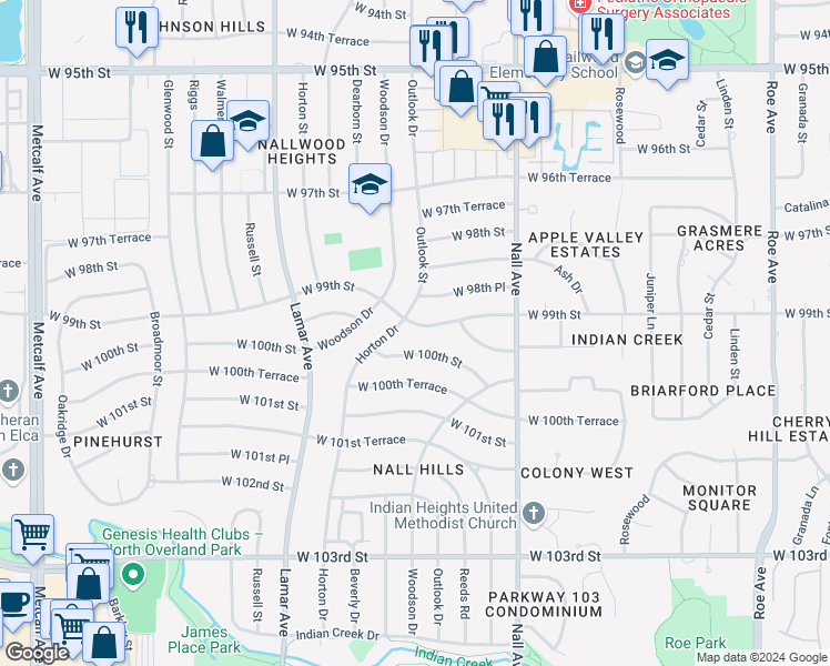 map of restaurants, bars, coffee shops, grocery stores, and more near 5807 W 99th St in Overland Park