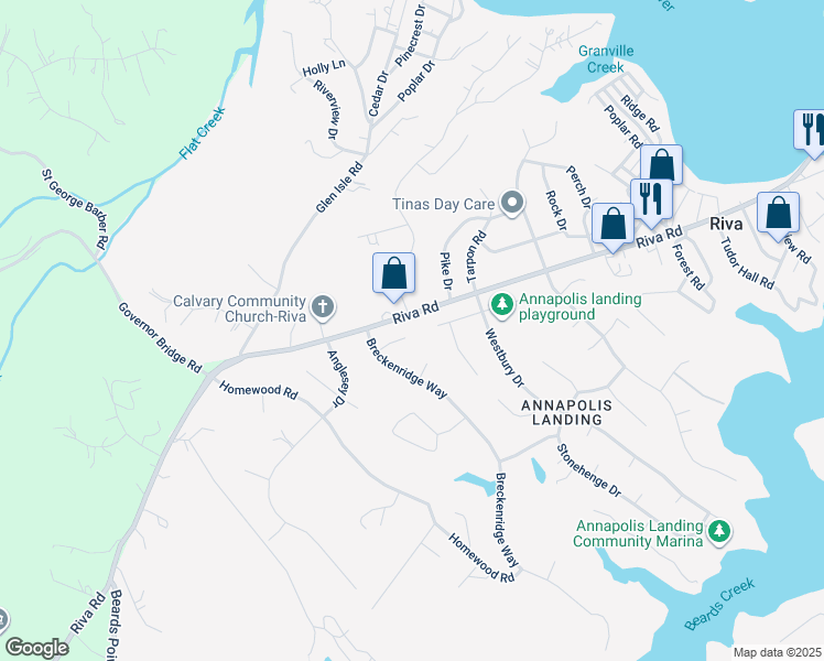 map of restaurants, bars, coffee shops, grocery stores, and more near 1207 Breckenridge Court in Riva