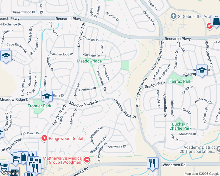 map of restaurants, bars, coffee shops, grocery stores, and more near 8030 Trefoil Court in Colorado Springs