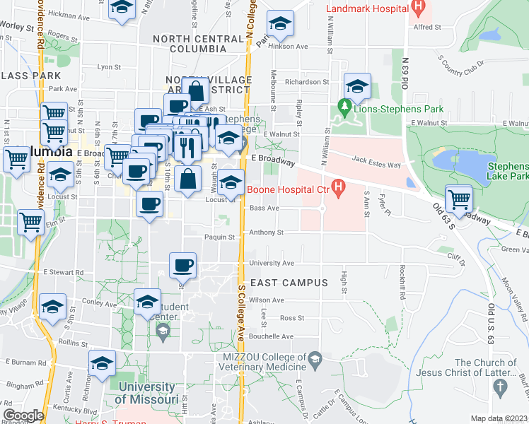 map of restaurants, bars, coffee shops, grocery stores, and more near 1310 Bass Avenue in Columbia