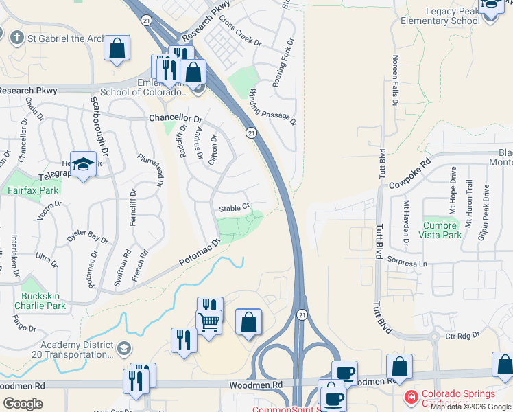 map of restaurants, bars, coffee shops, grocery stores, and more near 5729 Stable Court in Colorado Springs