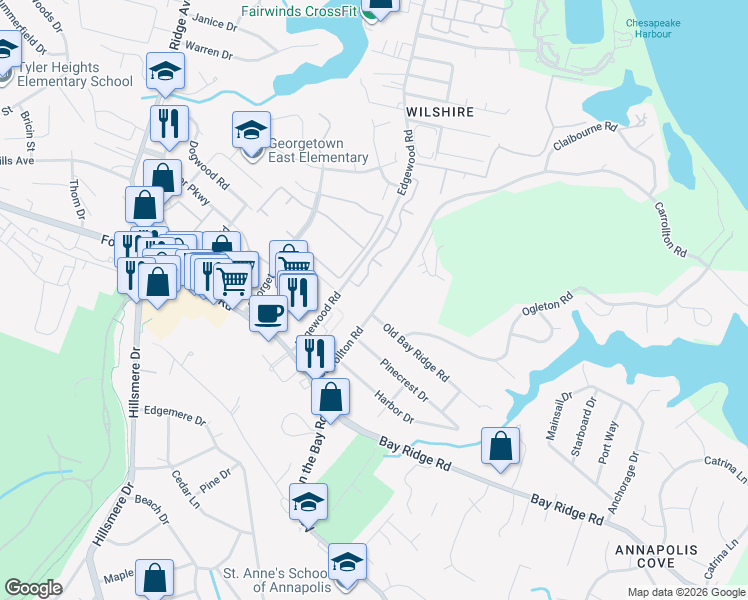 map of restaurants, bars, coffee shops, grocery stores, and more near 2830 Carrollton Road in Annapolis