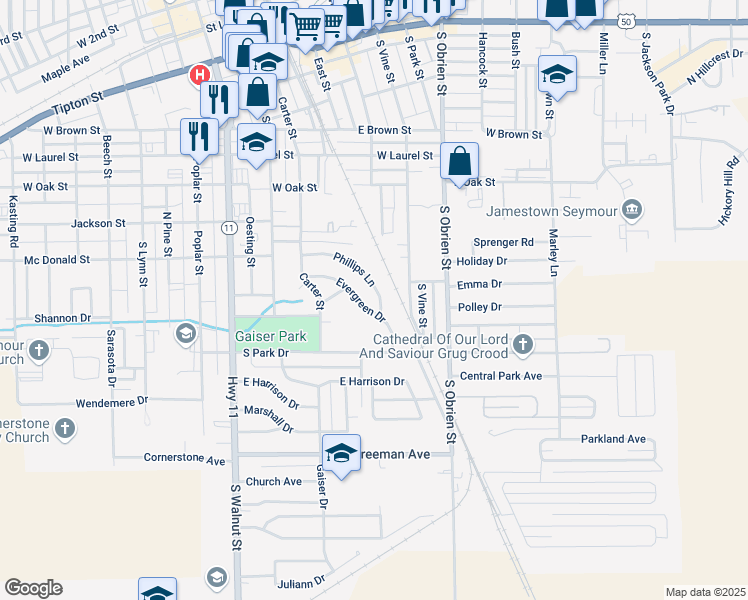 map of restaurants, bars, coffee shops, grocery stores, and more near 834 Phillips Lane in Seymour