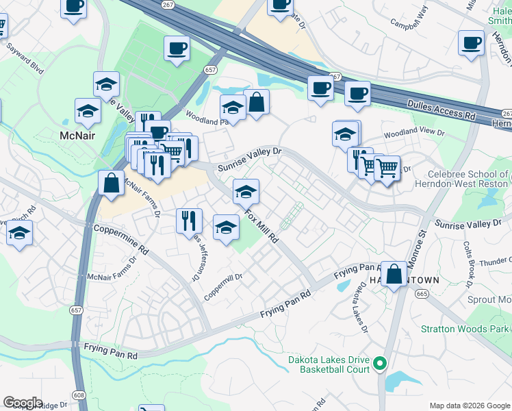 map of restaurants, bars, coffee shops, grocery stores, and more near 13166 Fox Hunt Lane in Herndon