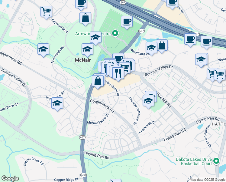 map of restaurants, bars, coffee shops, grocery stores, and more near 2480 Angeline Drive in Herndon
