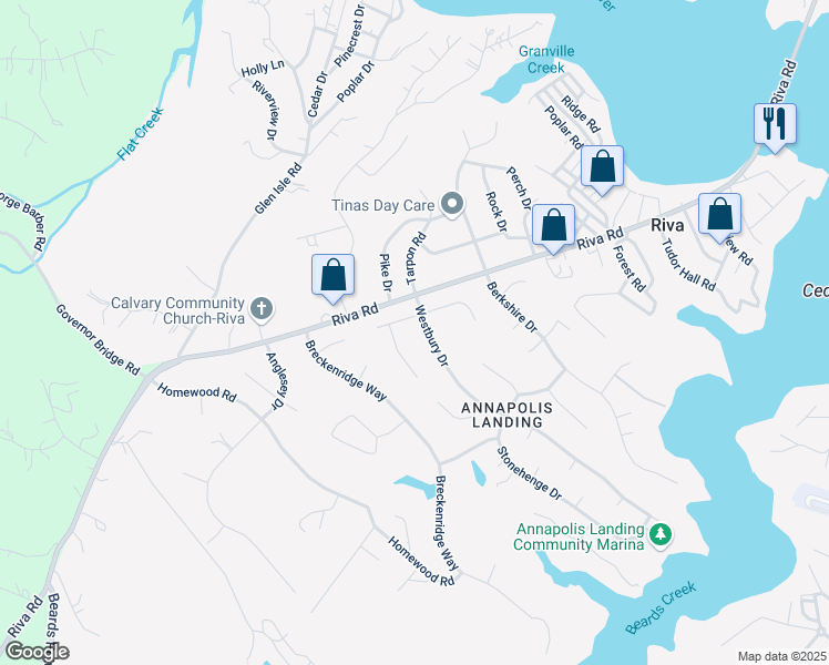 map of restaurants, bars, coffee shops, grocery stores, and more near 418 Westbury Dr in Riva