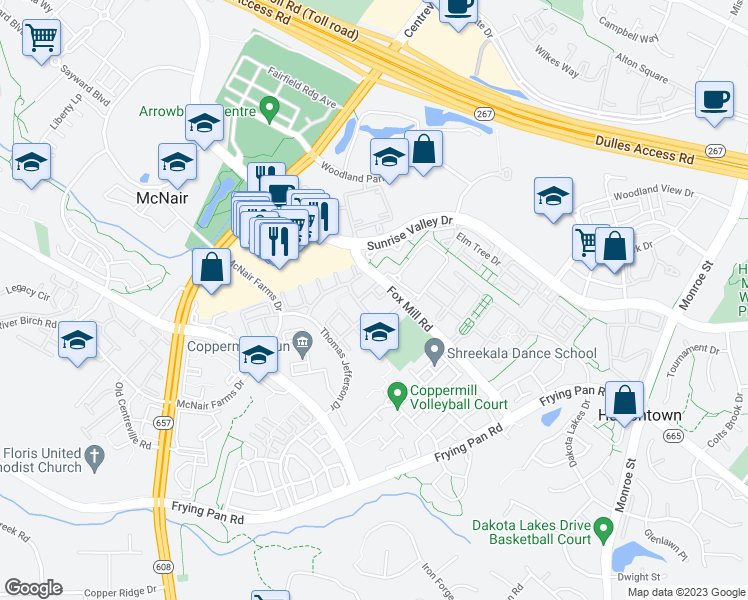 map of restaurants, bars, coffee shops, grocery stores, and more near 2458 Covered Wagon Court in Herndon