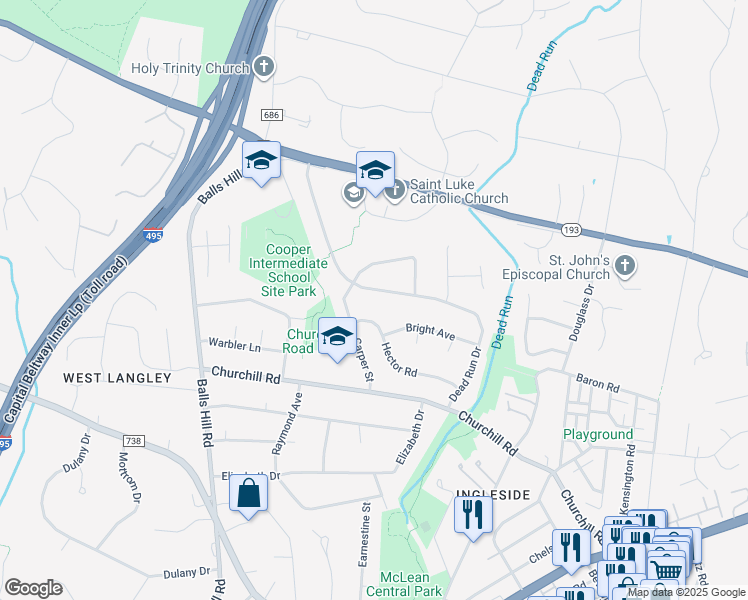 map of restaurants, bars, coffee shops, grocery stores, and more near 1020 Dead Run Drive in McLean