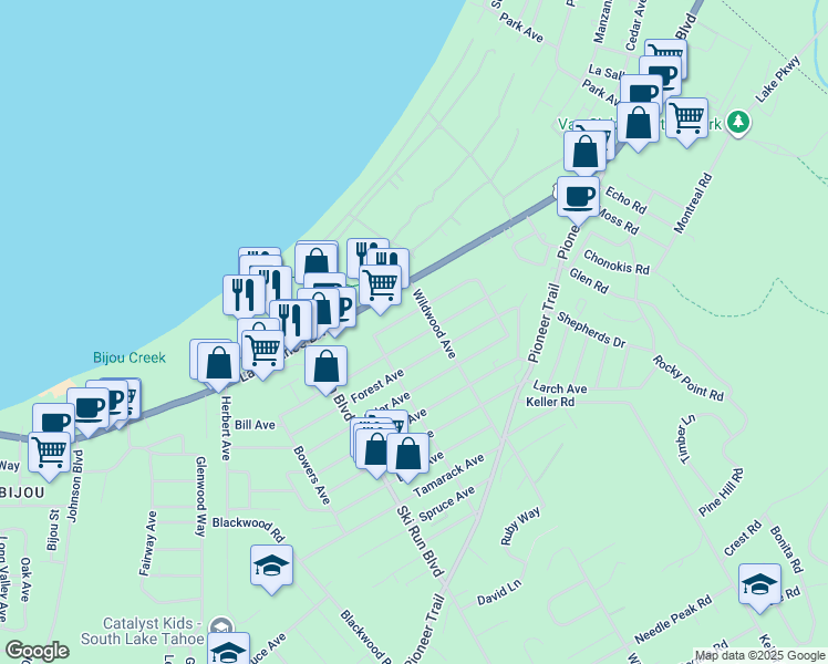 map of restaurants, bars, coffee shops, grocery stores, and more near 3737 Paradise Avenue in South Lake Tahoe