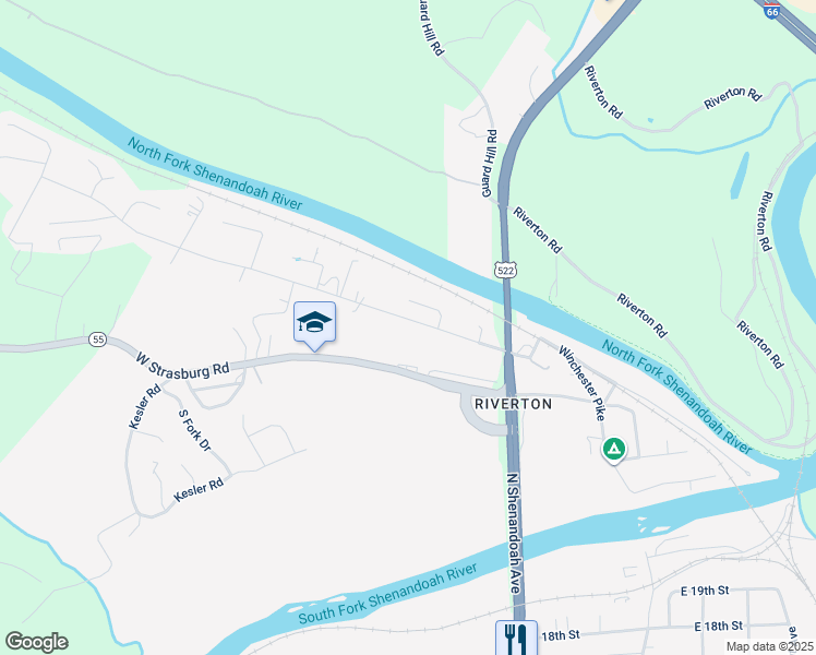 map of restaurants, bars, coffee shops, grocery stores, and more near 155 West Duck Street in Front Royal
